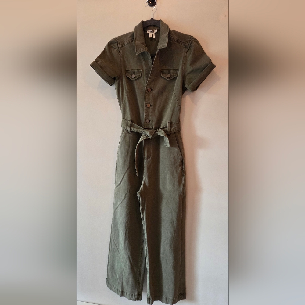 Olive Green Button-Front Utility Jumpsuit with Tie Belt